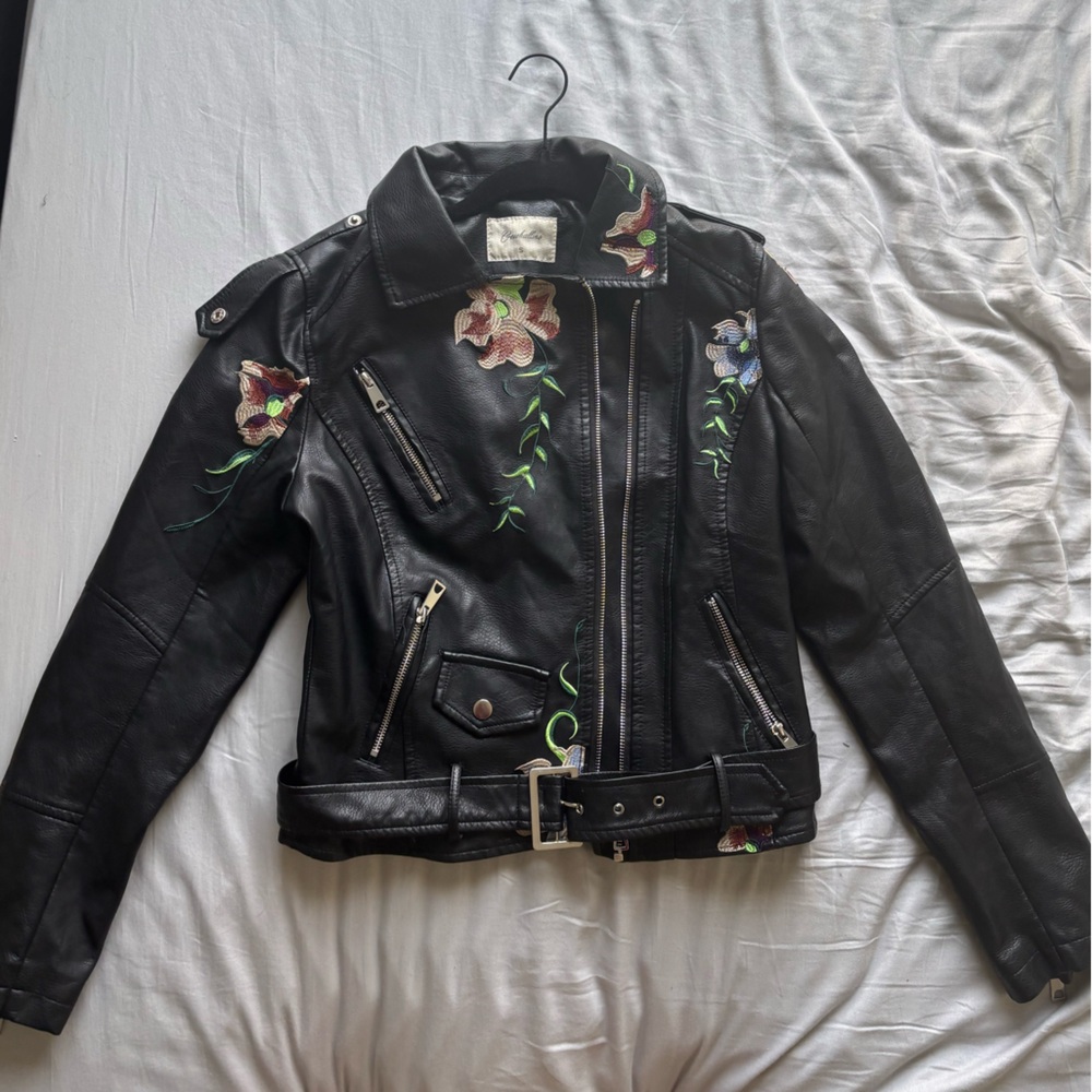 Geschallino Floral Embroidered Black Leather Biker Jacket